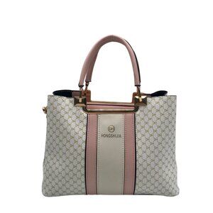 Hongshijia White/Pink Monogram Faux Leather Tote Bag